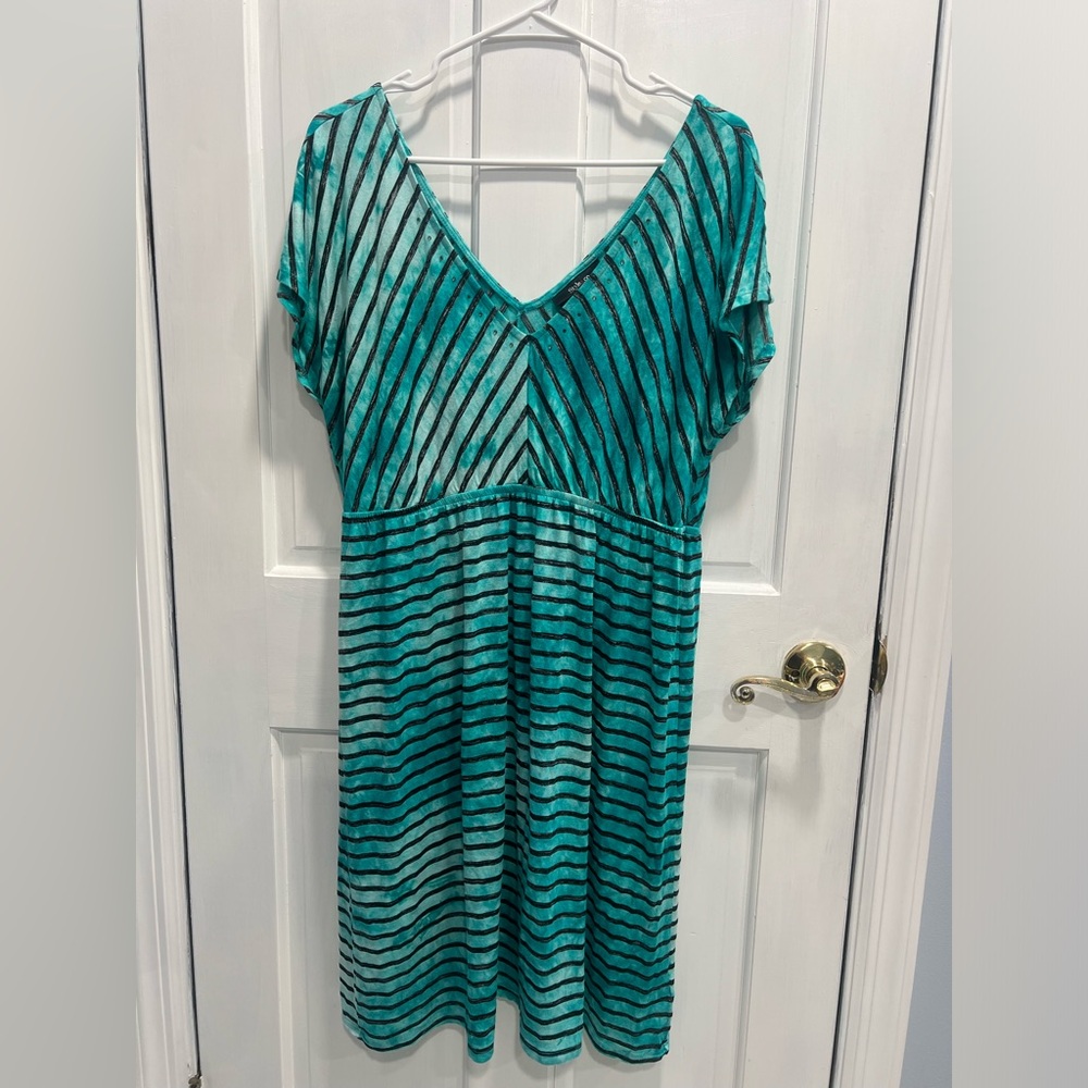 STYLE & CO Teal & Black Striped Elastic Waist V Neck Dress SIZE XL Pre Loved